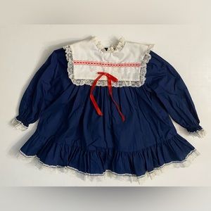 Bryan Vintage 80's baby navy blue dress T2 Ruffle and lace, nautical